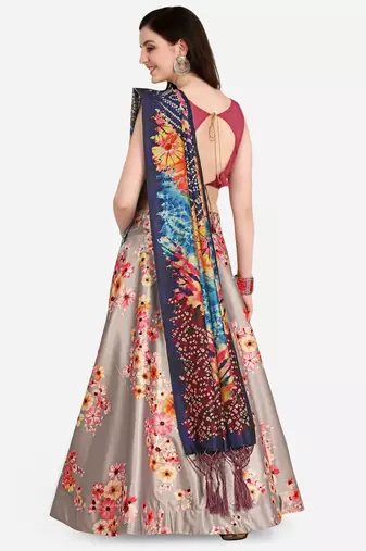 Pink Colour Beautiful Girlie Floral Print Wedding Wear Satin Silk Lehenga Choli For Stylish Girls