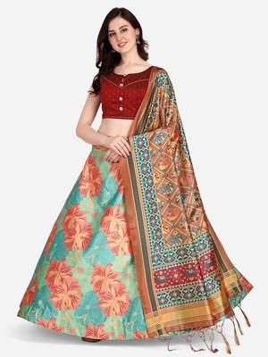 Red Colour Beautiful Girlie Floral Print Wedding Wear Satin Silk Lehenga Choli For Stylish Girls 1