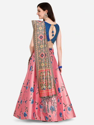 Blue Colour Beautiful Girlie Floral Print Wedding Wear Satin Silk Lehenga Choli For Stylish Girls 2