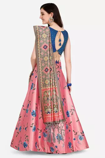 Blue Colour Beautiful Girlie Floral Print Wedding Wear Satin Silk Lehenga Choli For Stylish Girls