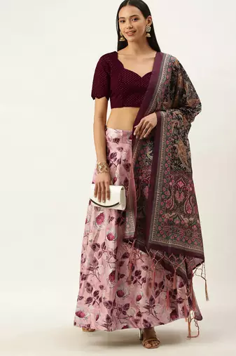 Pink Colour Beautiful Girlie Floral Print Wedding Wear Satin Silk Lehenga Choli For Stylish Girls