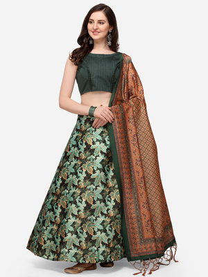 Green Satin Silk Fabric Beautifully Printed Girlie Wedding Partywear Lehenga Choli Set 1