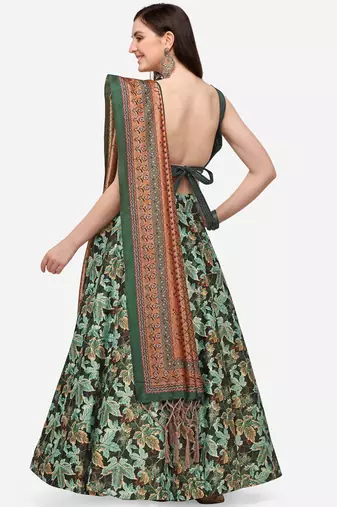 Green Satin Silk Fabric Beautifully Printed Girlie Wedding Partywear Lehenga Choli Set