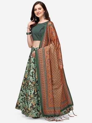 Green Satin Silk Fabric Beautifully Printed Girlie Wedding Partywear Lehenga Choli Set 3