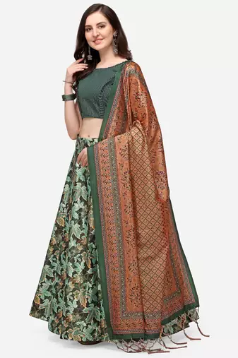 Green Satin Silk Fabric Beautifully Printed Girlie Wedding Partywear Lehenga Choli Set