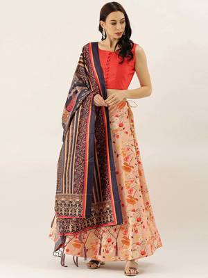 Orange Satin Silk Fabric Beautifully Printed Girlie Wedding Partywear Lehenga Choli Set 1