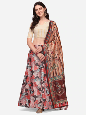 Beige Satin Silk Fabric Beautifully Printed Girlie Wedding Partywear Lehenga Choli Set 3