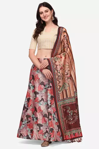 Beige Satin Silk Fabric Beautifully Printed Girlie Wedding Partywear Lehenga Choli Set