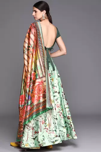 Green Satin Silk Fabric Beautifully Printed Girlie Wedding Partywear Lehenga Choli Set