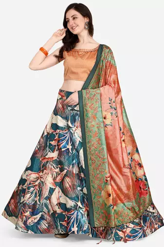 Orange Satin Silk Fabric Beautifully Printed Girlie Wedding Partywear Lehenga Choli Set