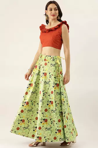 Red Satin Silk Fabric Beautifully Printed Girlie Wedding Partywear Lehenga Choli Set