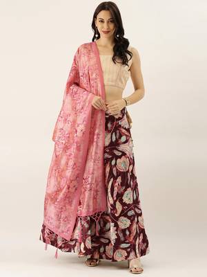 Beige Satin Silk Fabric Beautifully Printed Girlie Wedding Partywear Lehenga Choli Set 1