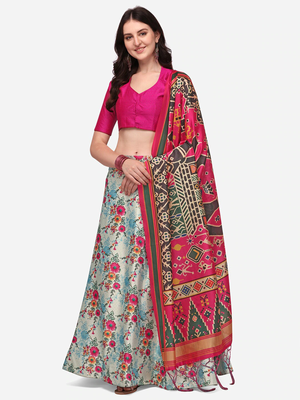 Pink Satin Silk Fabric Beautifully Printed Girlie Wedding Partywear Lehenga Choli Set 1