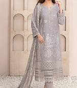 Grey embroidered faux georgette semi stitched salwar suit