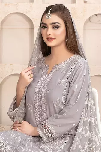 Grey embroidered faux georgette salwar suit