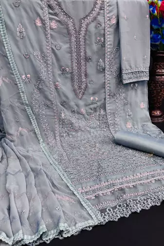 Grey embroidered faux georgette salwar suit