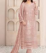 Peach embroidered faux georgette semi stitched salwar suit