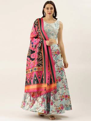 Light Blue Satin Silk Fabric Beautifully Printed Girlie Wedding Partywear Lehenga Choli Set 1