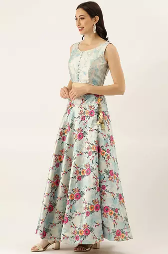 Light Blue Satin Silk Fabric Beautifully Printed Girlie Wedding Partywear Lehenga Choli Set