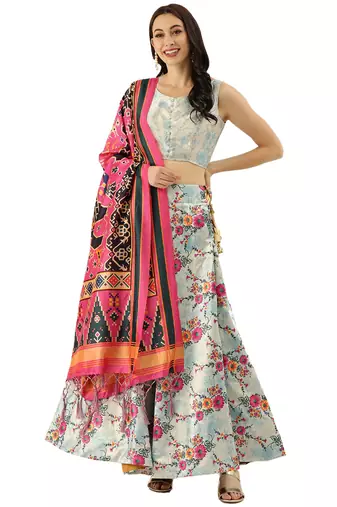 Light Blue Satin Silk Fabric Beautifully Printed Girlie Wedding Partywear Lehenga Choli Set