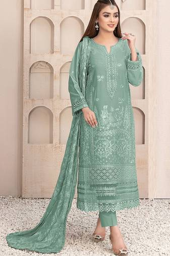 Green embroidered faux georgette semi stitched salwar suit