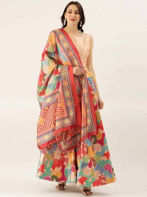 Beige Satin Silk Fabric Beautifully Printed Girlie Wedding Partywear Lehenga Choli Set 1