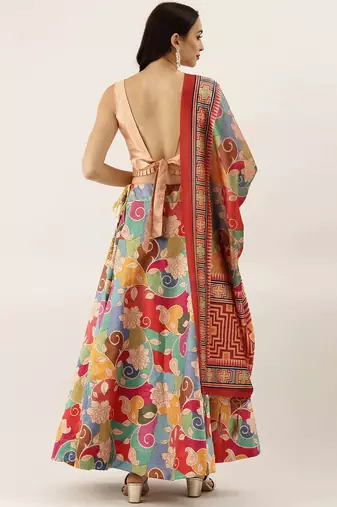 Beige Satin Silk Fabric Beautifully Printed Girlie Wedding Partywear Lehenga Choli Set