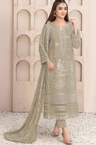 Cream embroidered faux georgette semi stitched salwar suit