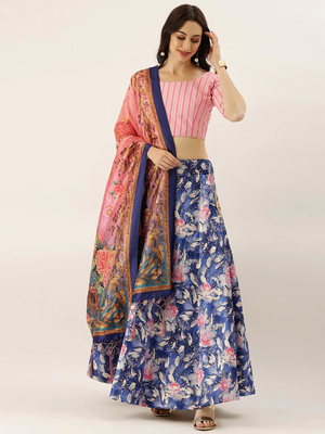 Pink Satin Silk Fabric Beautifully Printed Girlie Wedding Partywear Lehenga Choli Set 1