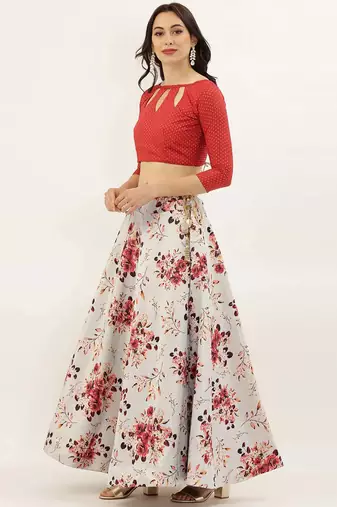 Red Satin Silk Fabric Beautifully Printed Girlie Wedding Partywear Lehenga Choli Set
