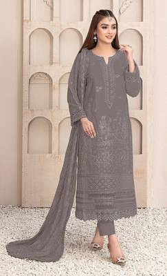 Dark grey embroidered faux georgette salwar suit 1
