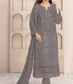 Dark grey embroidered faux georgette semi stitched salwar suit