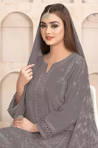 Dark grey embroidered faux georgette salwar suit