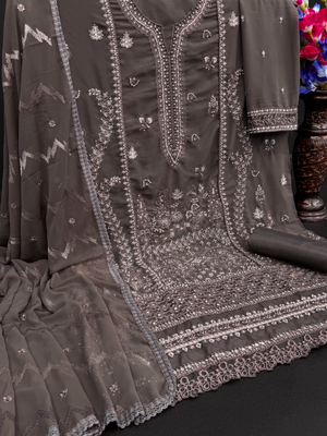 Dark grey embroidered faux georgette salwar suit 3