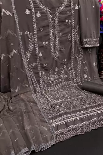 Dark grey embroidered faux georgette salwar suit