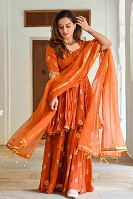 Orange Rayon Sharara Suit Set with Dupatta - Stitched 2