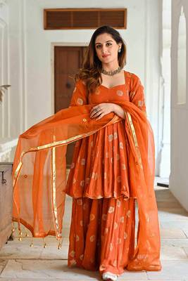 Orange Rayon Sharara Suit Set with Dupatta - Stitched 3
