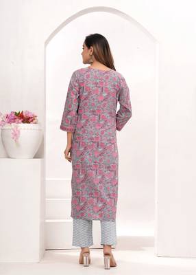 Pink  hand block print cotton kurta pant with dupatta 2