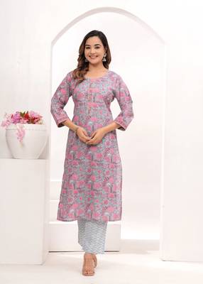 Pink  hand block print cotton kurta pant with dupatta 3