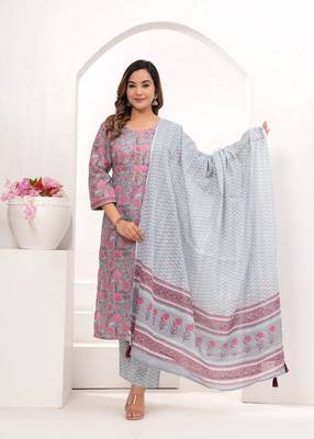 Pink  hand block print cotton kurta pant with dupatta 4