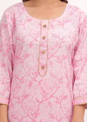 Pink  hand block print cotton kurta pant with dupatta 1