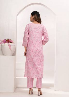 Pink  hand block print cotton kurta pant with dupatta 2