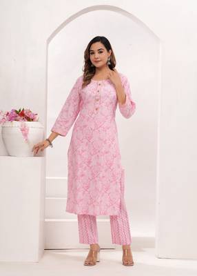 Pink  hand block print cotton kurta pant with dupatta 3