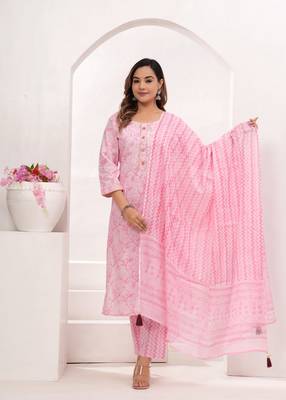 Pink  hand block print cotton kurta pant with dupatta 4