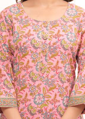 Pink  hand block print cotton kurta pant with dupatta 2