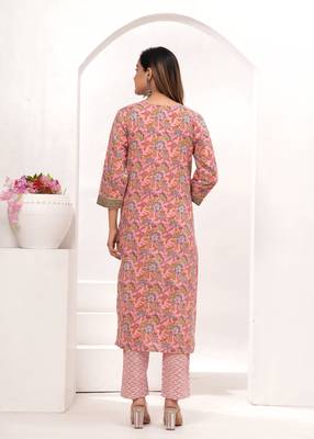 Pink  hand block print cotton kurta pant with dupatta 3