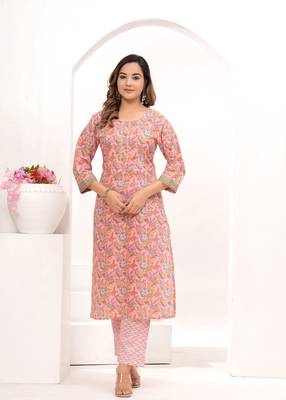 Pink  hand block print cotton kurta pant with dupatta 1