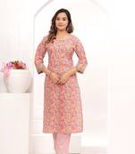 Pink  hand block print cotton kurta pant with dupatta