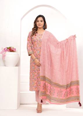 Pink  hand block print cotton kurta pant with dupatta 4