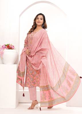 Pink  hand block print cotton kurta pant with dupatta 5